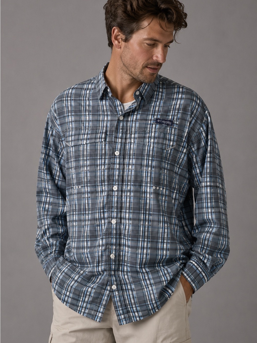 Columbia Men’s Large Plaid Long Sleeve Fishing Shirt Omni-Shade Blue Gray